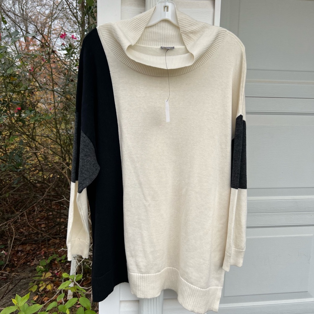 NWT T By Talbots Cozy Cream Gray Black Mock Neck Long Sleeve Sweater